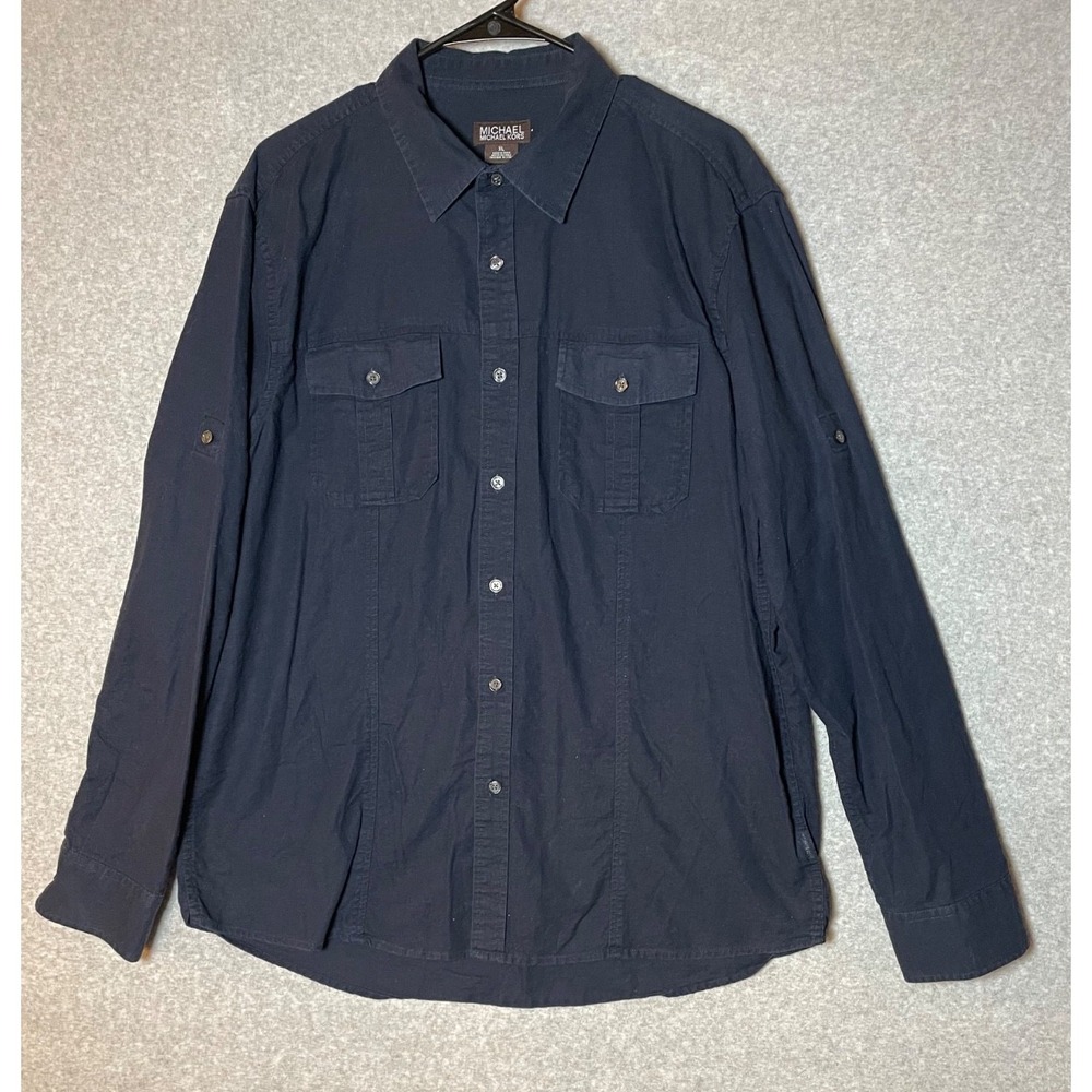 Michael Kors Mens Shirt‎ XL Navy Roll Tab Sleeve Linen Cotton Blend Button Up